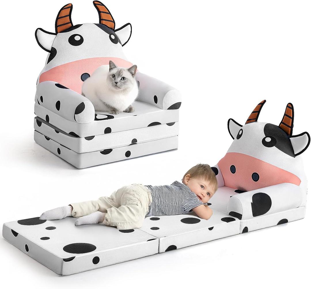 Kids Sofa Comfy, Adorable Animal Toddler Chair, Foldable Kids Couch with Removable Washable Cover, Soft & Breathable Fabric, No Assembly Needed, Foldable Baby Sofa(Dairy Cow) (Kids Sofa Dairy Cow)