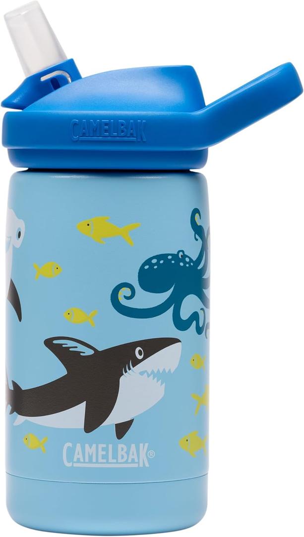 CamelBak Eddy+ Kids Bite Valve Straw Stainless Steel Water Bottle Sharks and Friends, 12oz