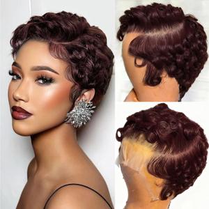 Dark Auburn Burgundy Curly Pixie Cut Lace Front Wig Human Hair Wigs, 99J Burgundy 13x4 HD Lace Frontal Wigs Short Layered Curly Glueless Wig Deep Wave Pixie Cut Human Hair Wigs for Black Women