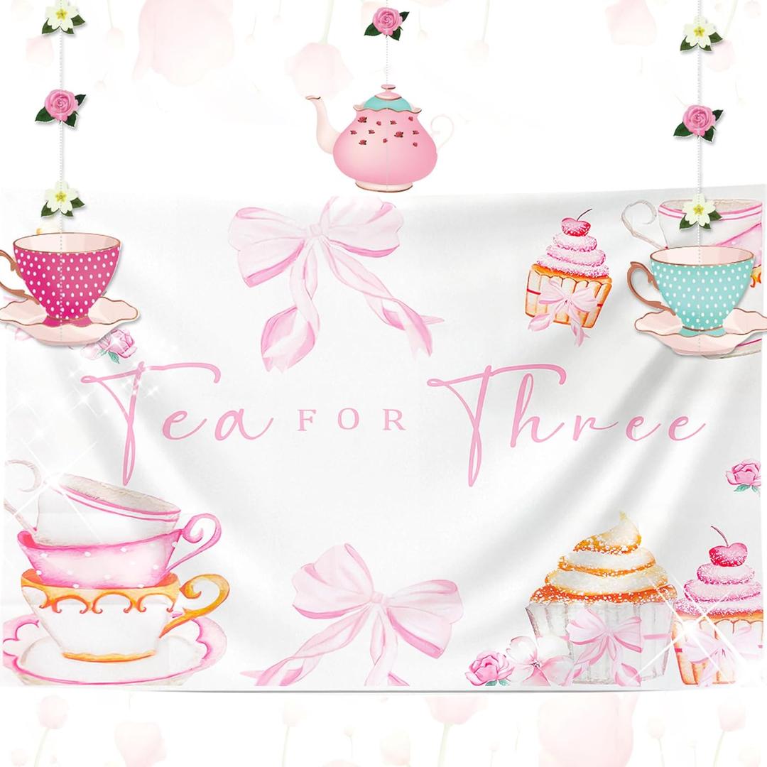 LaVenty Tea For Three Party Decorations Tea Party Decorations Tea Party Backdrop Tea Party Birthday Decorations Tea Parties Banner Floral Birthday Banner (Pink 3)