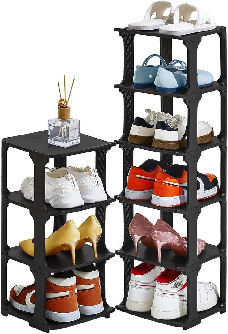 5 Tiers Shoe Rack Organizer for Closet Shoe Holder Storage Narrow Plastic Vertical, Free Standing Shoe Rack Shelf for Entryway Stackable Stability DIY, Black