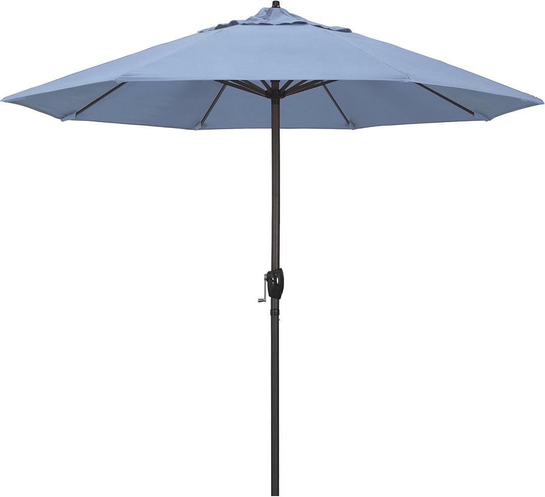 California Umbrella 12-Year Protection 9-Ft Outdoor Patio Umbrella, Sunbrella Fade-Resistant Acrylic Fabric, Auto Tilt and Crank, Heavy-Duty Aluminum Frame/Reinforced Ribs, Bronze Pole, Air Blue