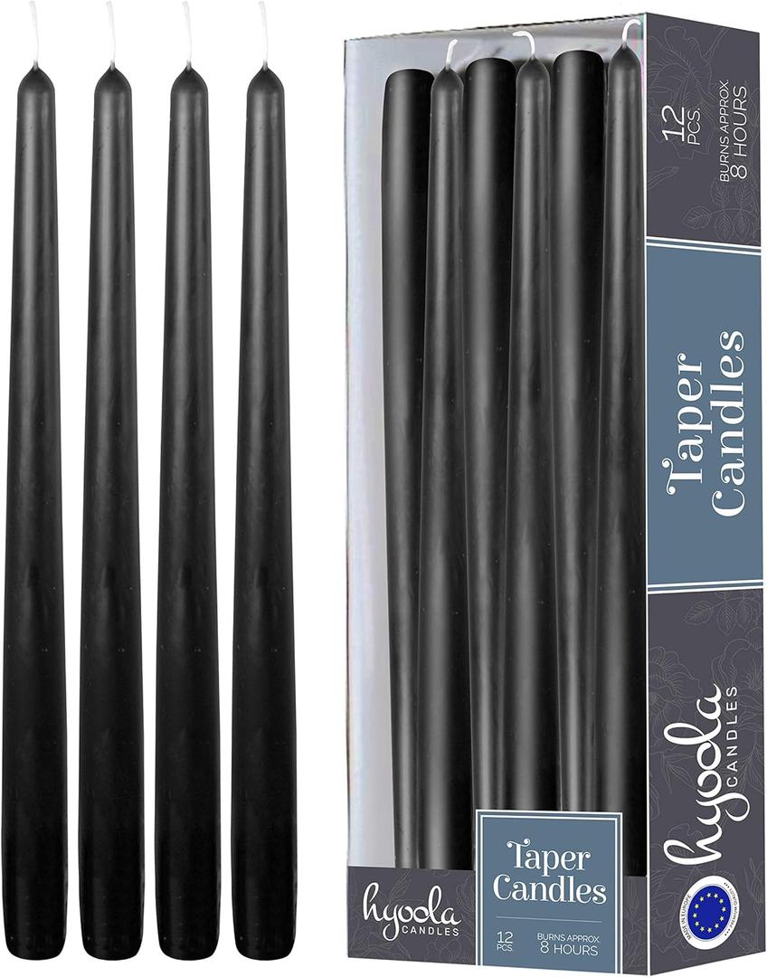 Hyoola 12 Pack Tall Taper Candles - 10 Inch Black Dripless, Unscented Dinner Candle - Paraffin Wax with Cotton Wicks - 8 Hour Burn Time