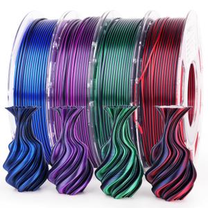 AMOLEN Silk PLA 3D Printer Filament Bundle, Shiny Dual Color PLA Filament 1.75mm Pack, Color Change PLA 3D Printing Filament for Most FDM 3D Printer, Black Series 200g X 4 Spools (Dual Black Purple/Black Red/Black Green/Black Blue)