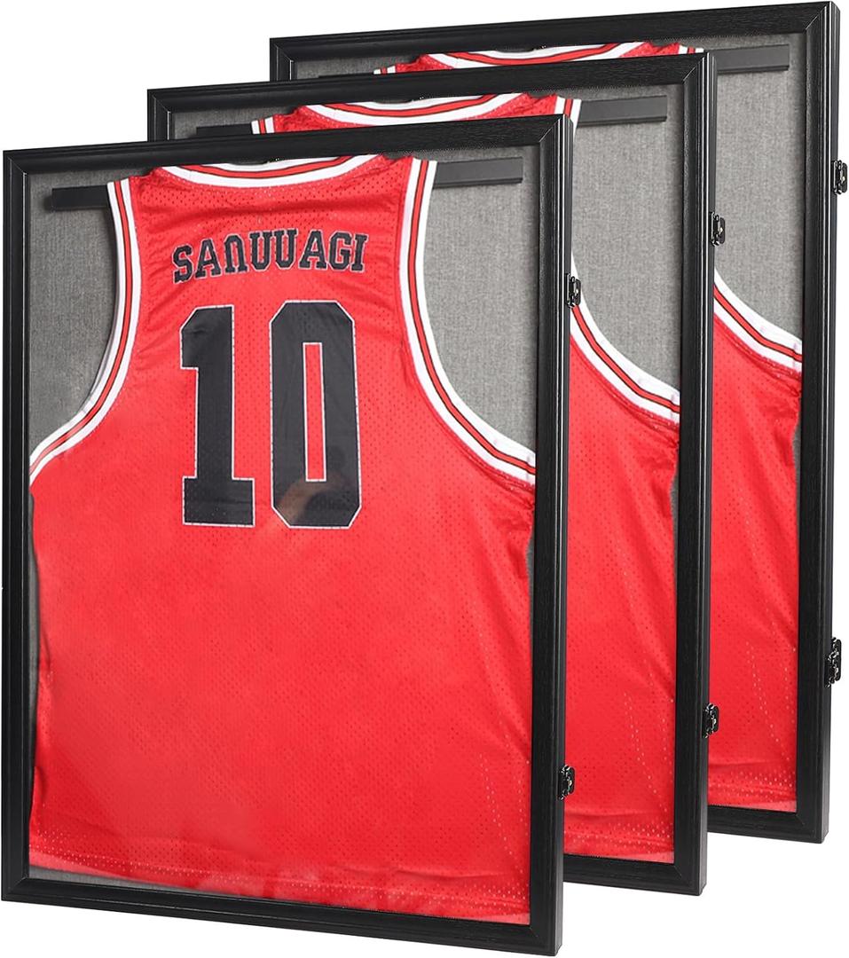 Jersey Frame Display Case - 3 Pack Large Lockable Sports Jersey Frame Shadow Box with Uv Protected Acrylic and Hanger for Baseball Basketball Football Soccer Hockey Sport Shirt Linen Black
