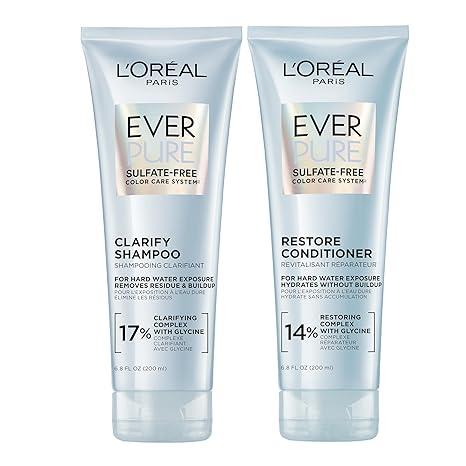 L'Oreal Paris Clarify and Restore Sulfate Free Shampoo and Conditioner Set with Antioxidants for Hard Water Exposure and Styling Buildup, EverPure, 1 Hair Care Kit