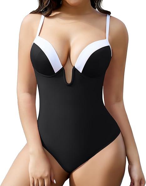 SHAPERIN Women's Underwire One Piece Swimsuit Deep U Plunge Bathing Suits Tummy Control Color Block Swimwear Black XL