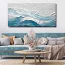 TRAIN2 ART Abstract Wall Art for Living Room Blue and White Ocean Paintings Wall Decor Modern 3D Textured Canvas Wall Art Large Artwork for Living Room Bedroom Office 20"x40"