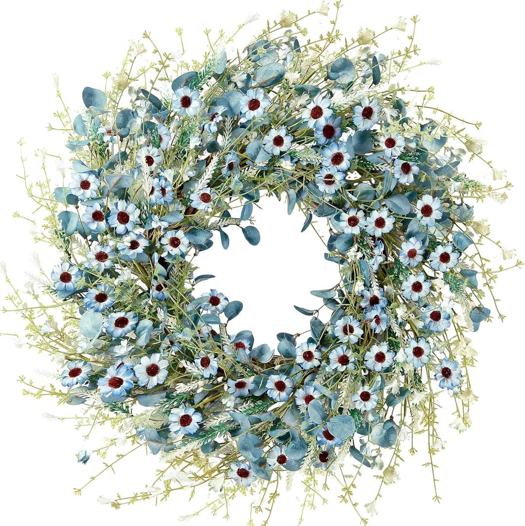 Sggvecsy Blue Daisy Wreath 24 Inch Spring Summer Fake Silk Floral Wreath with Green Eucalyptus Leaves and Lavender for Front Door Window Wall Wedding Farmhouse Festival Decor