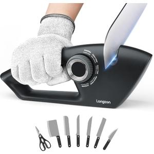 Longzon 6-in-1 Knife Sharpener 5 Stage with Cut-Resistant Glove, Manual Kitchen Tool for Straight & Serrated Knives, Quickly Sharpens Restores & Polishes Dull Blades Safe for Home Kitchen (Black+Grey)