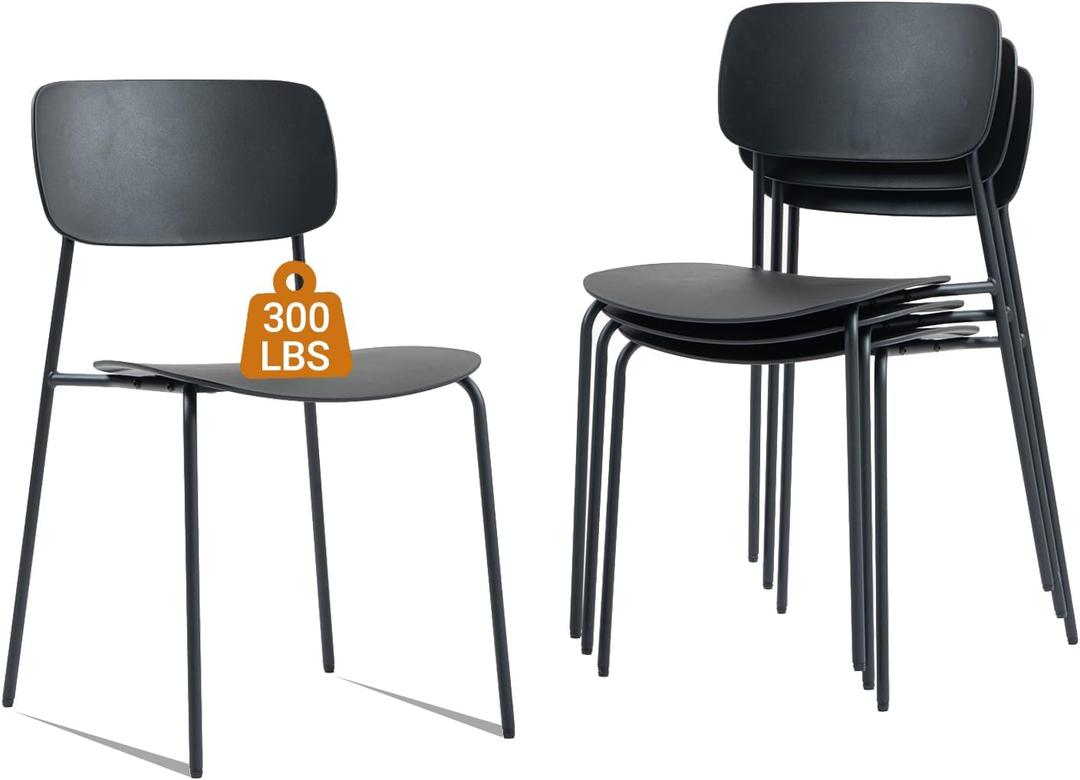 Sidanli Stackable Chairs Set of 4, Waiting Room Chairs with Metal Legs and Ergonomic Plastic Seat, Stacking Office Chairs for Conference Reception Church Banquet, Black, 16x16x18 inches / 17x19.5x30.7 inches