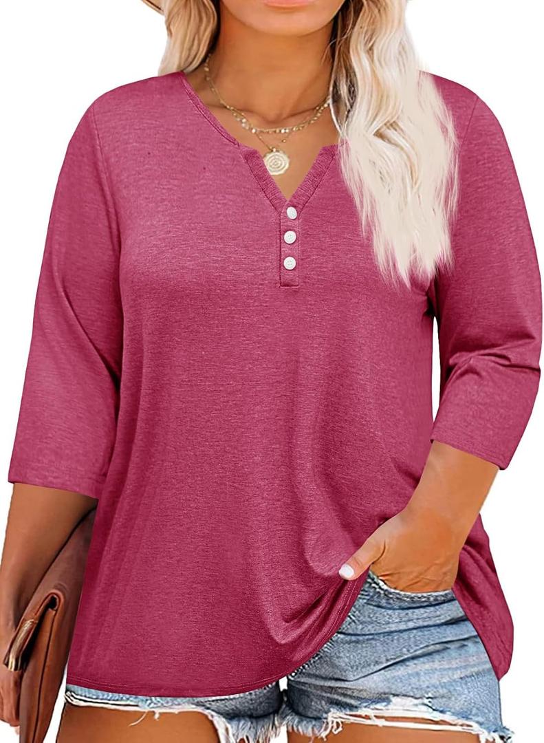 Beautife Womens Plus Size T-Shirts V Neck 3/4 Sleeve Tops Fall Henley Shirts Casual Basic Loose Fit Blouses (Rose Red)