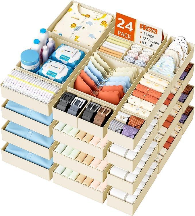 DIMJ Drawer Organizer Clothes Storage - 24 Pack Baby Dresser Organizer for Nursery, Small Fabric Closet Drawer Organizer Bins for Underwears Socks, Foldable Storage Dividers Organization for Bedroom (Beige)