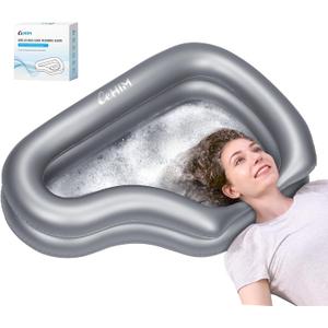Portable Inflatable Shampoo Basin for Bedridden Elderly, Hair Washing Bowl with Drain Hose & Neck Support, PVC Inflatable Shampoo Bowl for Bedridden Patients, Disabled, Seniors, Kids, Home Care (Silver)
