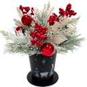 Lighted Christmas Centerpiece Metal Potted with Timer,Christmas Nativity Scene Black Metal Base with Snow Flocked Pine Needles Ornament Red Berries for Table Centerpiece Holiday Xmas Decor (White)
