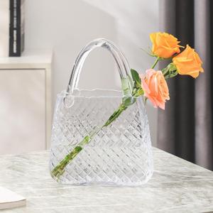 Purse Vase, Glass Bag Vase, Glass Purse Vase for Flowers, Clear Vases, 12 Inch Large Flower Vase with Embossed Pattern for Wedding, Living Room, Bedroom, Table, Office(Round)