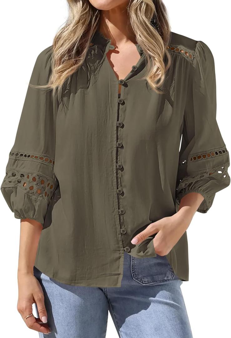 BTFBM Summer Tops for Women 2026 Eyelet Top 3/4 Length Sleeve Dressy Casual Blouses Spring Boho Button Down Shirts (Green, L)