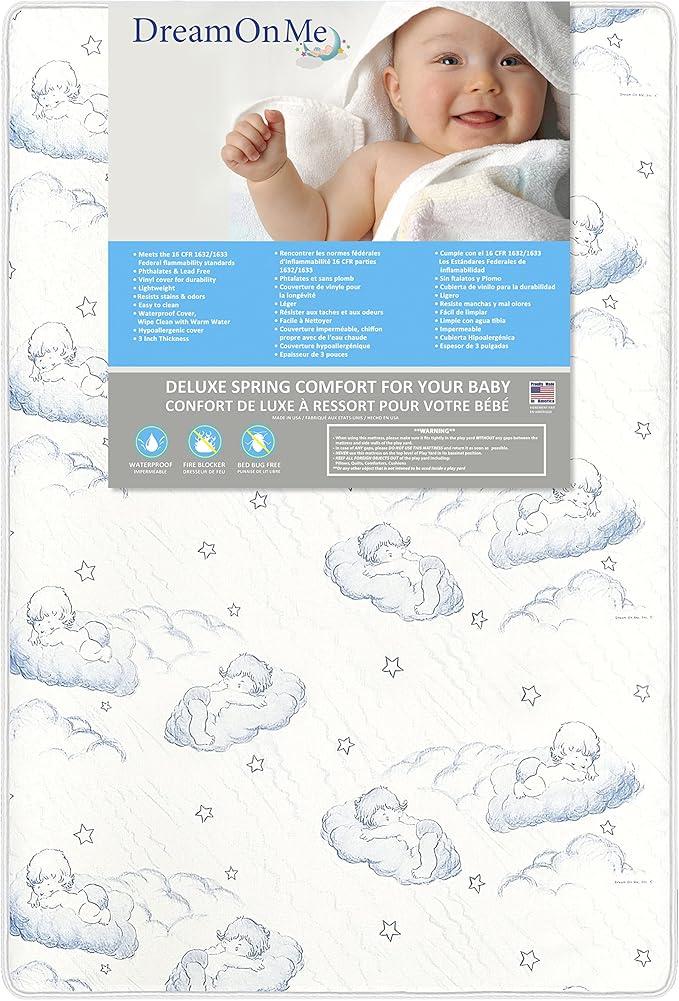 Dream On Me,Star-Burst 3' Spring Coil Portable Crib MattressIWaterproofIGreen Guard Gold CertifiedI10 Years Manufacture WarrantyIDual-Sided MattressI Vinyl CoverIMade In The U.S.AIMini Crib Mattress