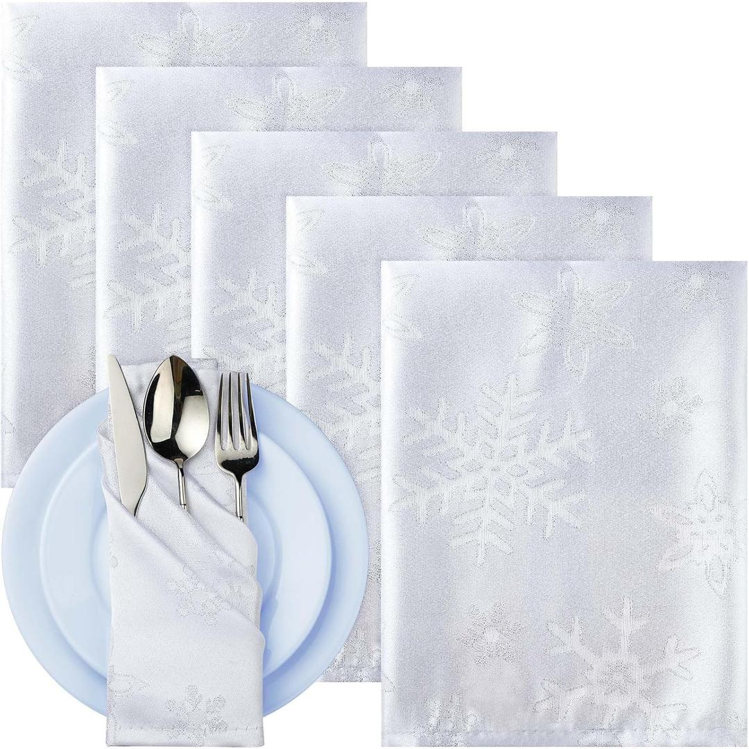 Tegeme Set of 6 Christmas Cloth Napkins 18"x18" Snowflakes Metallic Jacquard Woven Napkin Reusable Non-Iron Sparkling Snowflakes Fabric Napkins for Holiday Winter Xmas Weddings Table Decor(White)