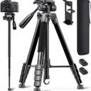 73" Camera Tripod and Monopod, Professional Aluminum Tripod Stand for Mirrorless Camera/DSLR/Cell Phone/Camcorder/GoPro, with Phone Holder and Travel Bag (Black)