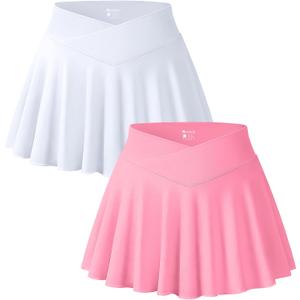 OQQ Women 2 Piece Mini Skirts 2 in 1 Flowy Sexy Basic Stretchy Cross Over Flared Casual Skirts White Candypink, Large