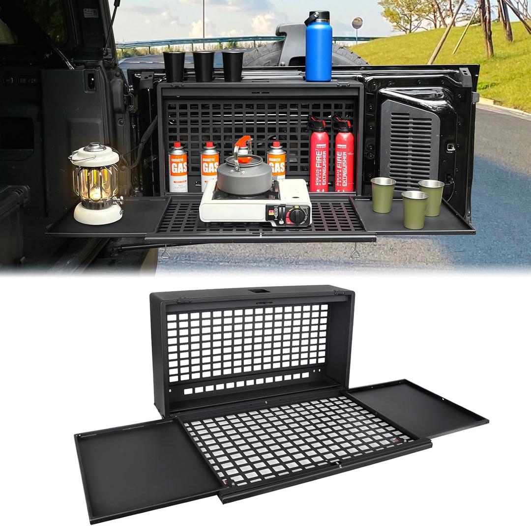 Tailgate Table Molle Panel Compatible with Ford Bronco/Badlands/Big Bend 4 Doors 2021-2025 Foldable Rear Storage Box with Password Lock Cargo Rack Shelf Camping Desk Bin(Not Fit Bronco Sport)