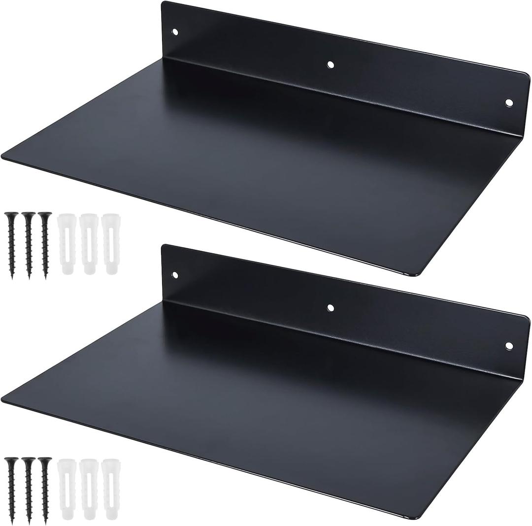 RealPlus Metal Floating Shelf Wall Mounted (12 inch x 8 inch) Heavy Duty Steel Display Shelves, Black (Pack of 2)