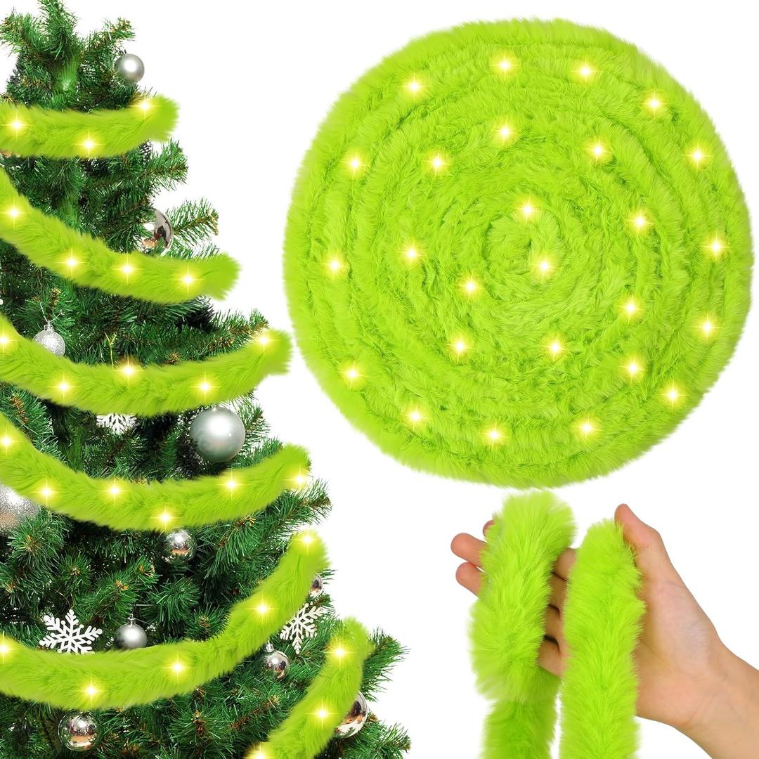Jutom 50 Ft Christmas Tree Garland Lime Green LED Lighted Faux Fur Ribbon Trim Artificial Furry Stripe Roll Garland for Xmas Holiday Winter Indoor and Outdoor Decoration(Green)