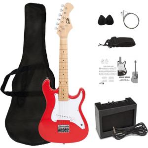 30 Inch Kids Electric Guitar Beginner Kit, Junior Size Mini Electric Guitar for Children with Amplifier (battery/adaptor not included) and Guitar bag, Unisex Red
