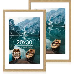 Hongkee 20x30 Frame Set of 2, Natural Oak Wood Style - Display 16x24 Picture with Mat or 20 x 30 Poster without Mat, Wall Mounting Horizontal and Vertical