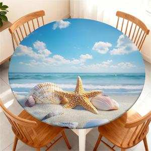 Waterproof Round Tablecloth with Elastic Edge, Fitted Round Table Cover Wipeable Summer Tablecover Fits Tables up to 37”-44“ for Kitchen Picnic Party, Beach Blue Seashell