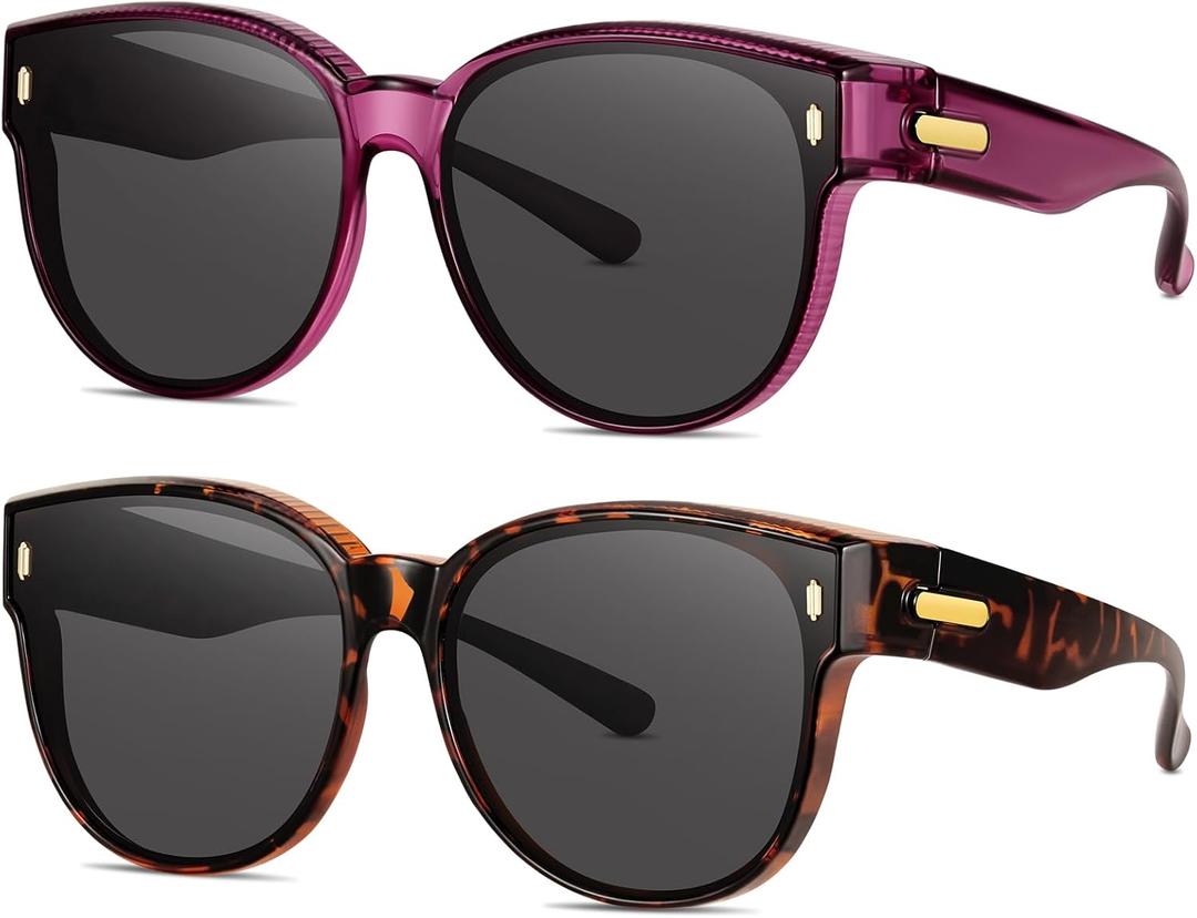 Polarized Fit Over Glasses Sunglasses for Women Stylish Oversized Cover Round UV400 Cat Eye Shades for go out Driving (leopard Print/Black+purple/Black)