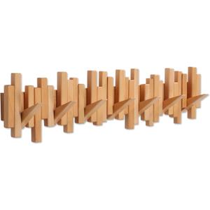 Wooden Coat Rack Wall Mounted Sticks Multi Rack Solid Handmade Natural Beech Wood Artwork with 7 Flip-Down Unique Modern Hooks for Coats Bag Hat Umbrella