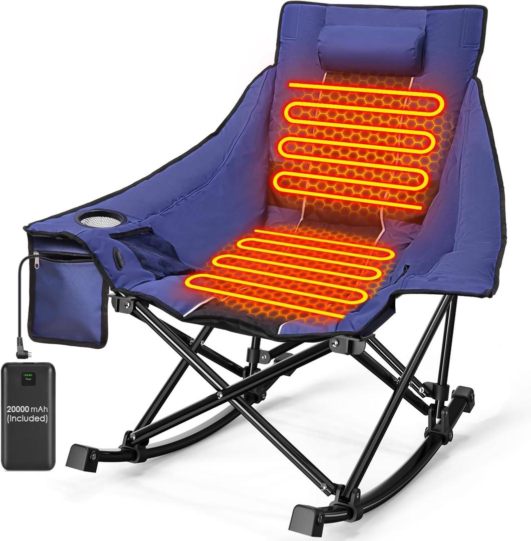Slendor Oversized Heated Camping Chair with 2000mAh Battery, Padded & Pillow Heated Rocking Chair, 3 Adjustable Heat Settings Camping Rocker Chair for Easy Setup and Foldable Storage (Blue)