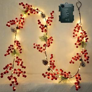 6.56FT Christmas Garland Decorations Red Berry Garlands with Lights 96 Fairy LED Lights Lighted Pine Garland for Mantle Fireplace Table Stairs Railing Xmas Tree Indoor Outdoor Winter Holiday Decor