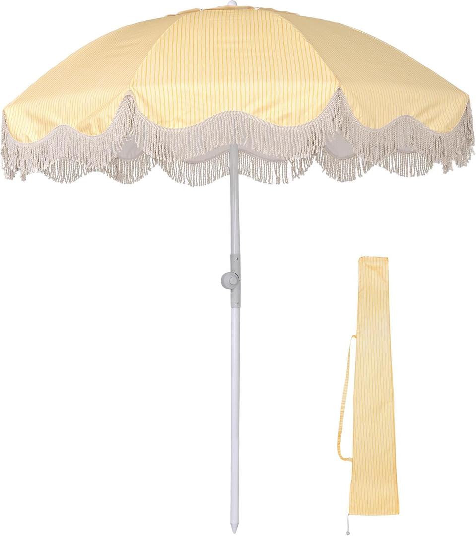 Ocean 6Ft Fringe Patio Umbrella 8 Ribs Outdoor Beach Tassel Umbrella with Tilt Carry Bag Yard Picnic Garden Lawn Deck Wedding Pool Party (Ocean-Crayon Yellow Stripe)