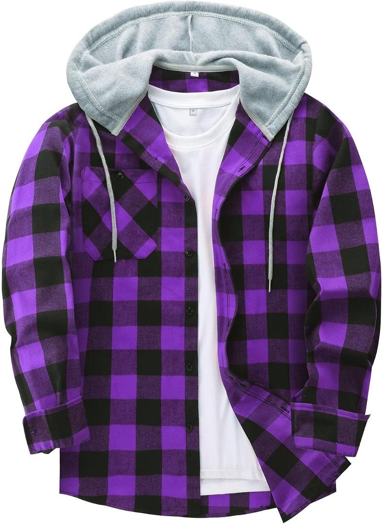 ZITY Men's Flannel Hoodie Shirts Casual Button Down Plaid Shirt Jackets for Men Long Sleeve Stylish Hooded with Pocket (L)