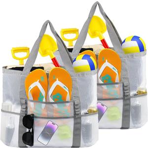 AMJ Large Beach Bag Girls Women Pool Swim Tote Bags with 7 Pockets and 1 inner Zipper Closure Pockets, 2Pcs (White)