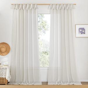 NICETOWN Linen Curtains 96 inch Long for Girls' Room, Cute Adjustable DIY Tie Top Bunny Ears Privacy Linen Burlap Semi Sheer Drapes Light Through for Nursery/Bedroom, W52 x L96, Natural, 1 Pair