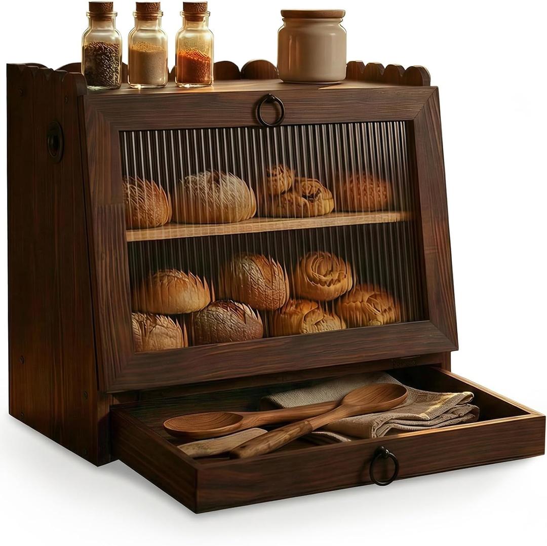 Bread Box for Kitchen Countertop Wooden Double Layer Bread Storage Container Bin Breadbox Holder Large Capacity Keeper Vintage Farmhouse Food Organizer (Large)