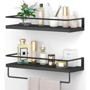 Onlysky Bathroom Floating Shelves Set of 2 with Towel bar (Black Black)