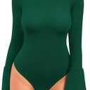 MANGOPOP Bell Sleeve Mock Neck Long Sleeve Bodysuit for Going Out Tops for Women (XX-Large, Deep Green)