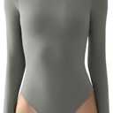 PUMIEY Women's Crew Neck Long Sleeve Bodysuit Sexy Tops Sharp Collection (Small, Elephant Gray)