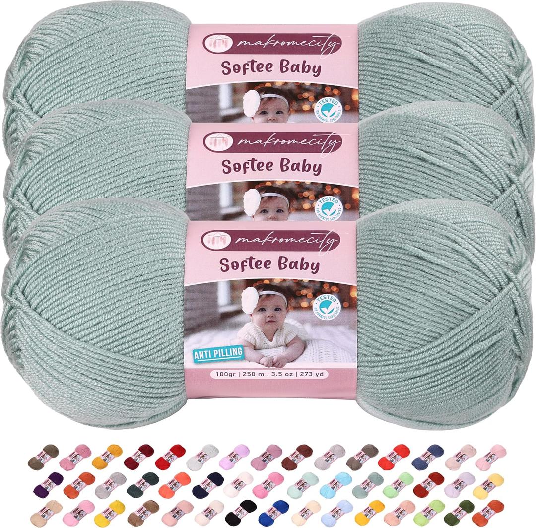 3 Skeins of Makromecity Softee Baby Yarn,%100 Premium Anti-Pilling Acrylic, 3.5 Oz, 273 yd (100gr/250 mt) Each, Soft Yarn for Crocheting and Knitting (Crepe Green, 3 Skeins)