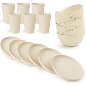 18PCS Wheat Straw Dinnerware Sets Unbreakable Dinnerware Sets Reusable Cups Plates and Bowls Sets Microwave Dinnerware Set for Kitchen Travel Camping (Beige White)
