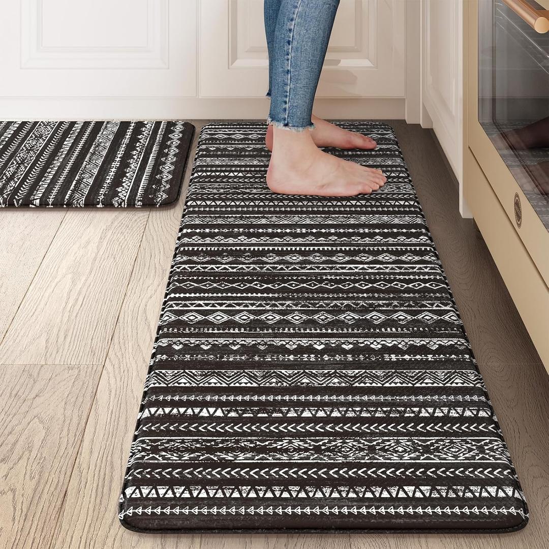 Kitchen Mats Cushioned Anti Fatigue, Non Slip Kitchen Mats for Floor 2 Piece, Memory Foam Kitchen Mat Set, Waterproof Comfort Standing Mat for Sink, Laundry, Office, Black (17.3" x 47"+17.3" x 29")