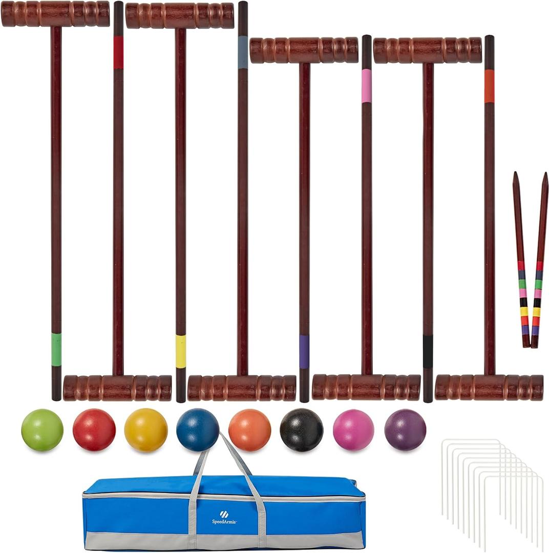 8-Player Croquet Set, 35" & 32" Rubber Mallets, Family Lawn Kit, Medium, Small