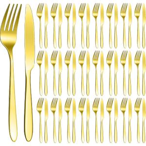 Nuenen 50 Pieces Stainless Steel Forks Silverware Set Dinner Forks and Knives Flatware Tableware Cutlery Set for Kitchen Restaurant(7.1 x 1 Inch, 8.4 x 0.7 Inch,Gold)