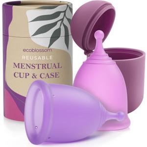 EcoBlossom Reusable Menstrual Cup and Case - The Most Reliable Medical Grade Silicone Period Cups - Comfortably use for 12 Hours (Small (Pack of 2), Round Stem & Case)
