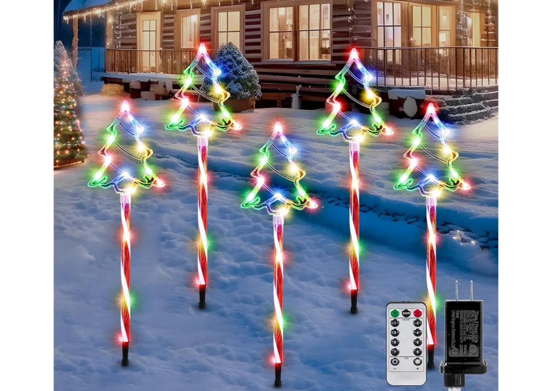 5 Pack Plug in Christmas Pathway Lights Outdoor Decorations with Timer, 8 Modes Green Lighted Xmas Tree Candy Waterproof Led Garden Stake Lights for Walkway Yard Lawn Porch Holiday Decor, Green